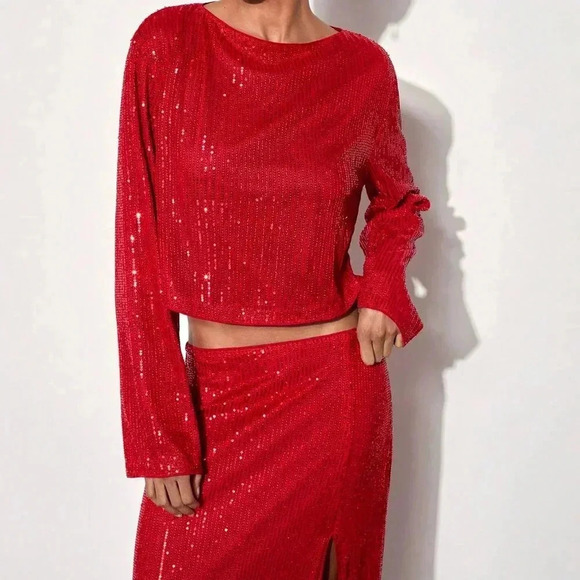 Red Party Women's Elegant Sparkling Sequin Side Slit Dress Set - Picture 4 of 6